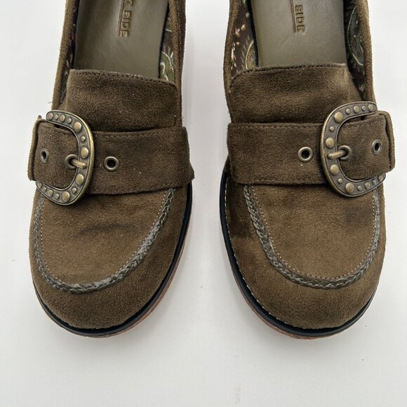 LOWER EAST SIDE VTG Olive Green Suede Wedge Platform Buckle Retro Style Size 9 - Picture 7 of 13